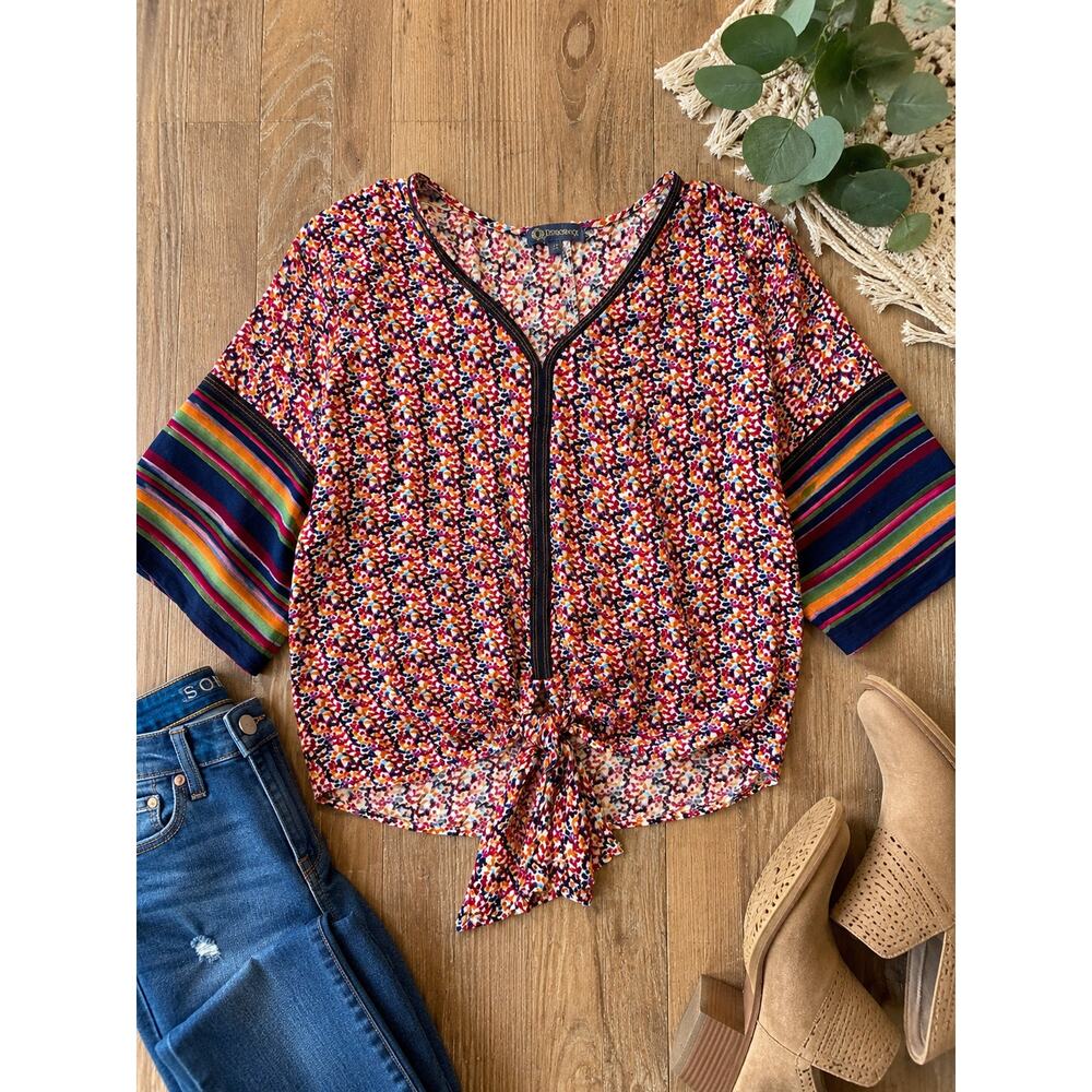 Democracy Womens Small Floral Tie Front Top Boho Multicolor Blouse